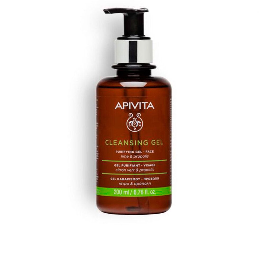 Flacone marrone con dosatore nero. Scritta: Apivita, Cleansing Gel. Striscia verde in basso con testo.