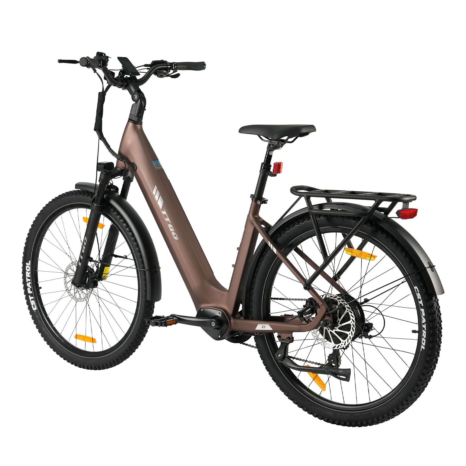 Bicicletta elettrica marrone con pneumatici neri, parafanghi e portapacchi. Freni a disco idraulici.