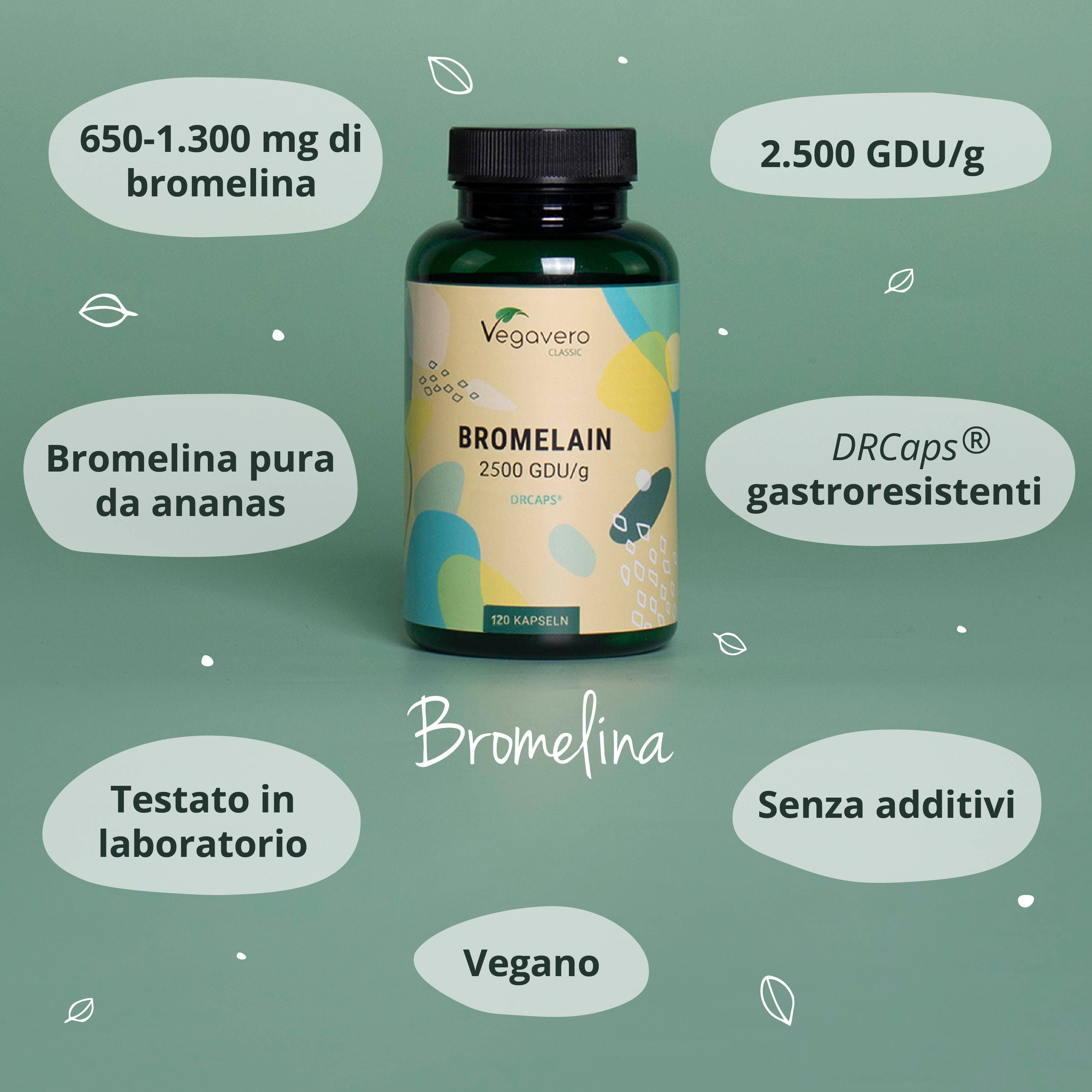 Flacone verde con Bromelina 2500 GDU/g, 120 capsule. Scritta: Testato in laboratorio, Vegano. Marchio: Vegavaro.