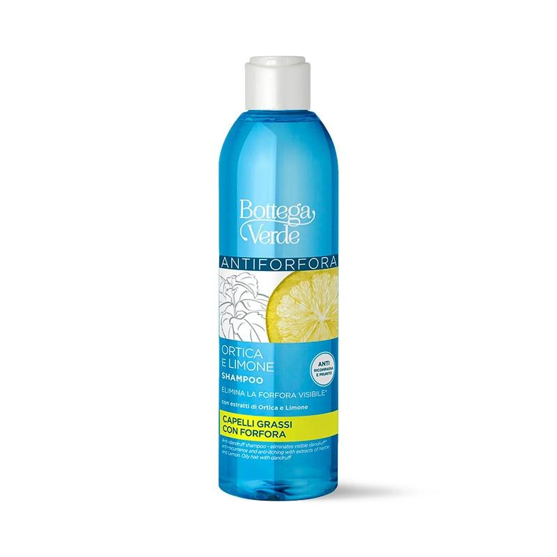 Flacone blu di shampoo con tappo bianco. Scritta: Bottega Verde, Antiforfora, Ortica e Limone. Striscia gialla: Capelli grassi con forfora.