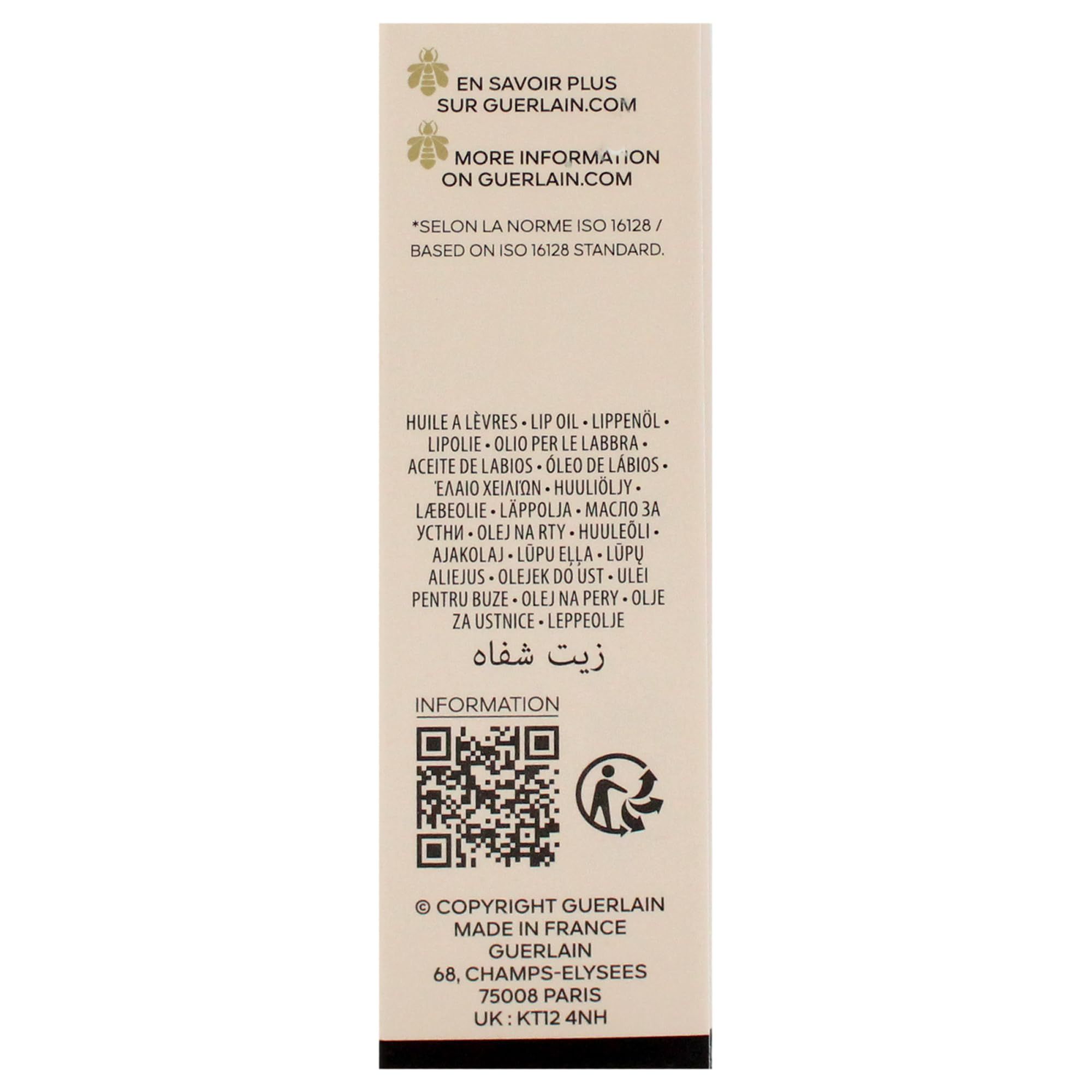 Confezione Guerlain Kisskiss Bee Glow Olio. Retro con testo e codice QR.