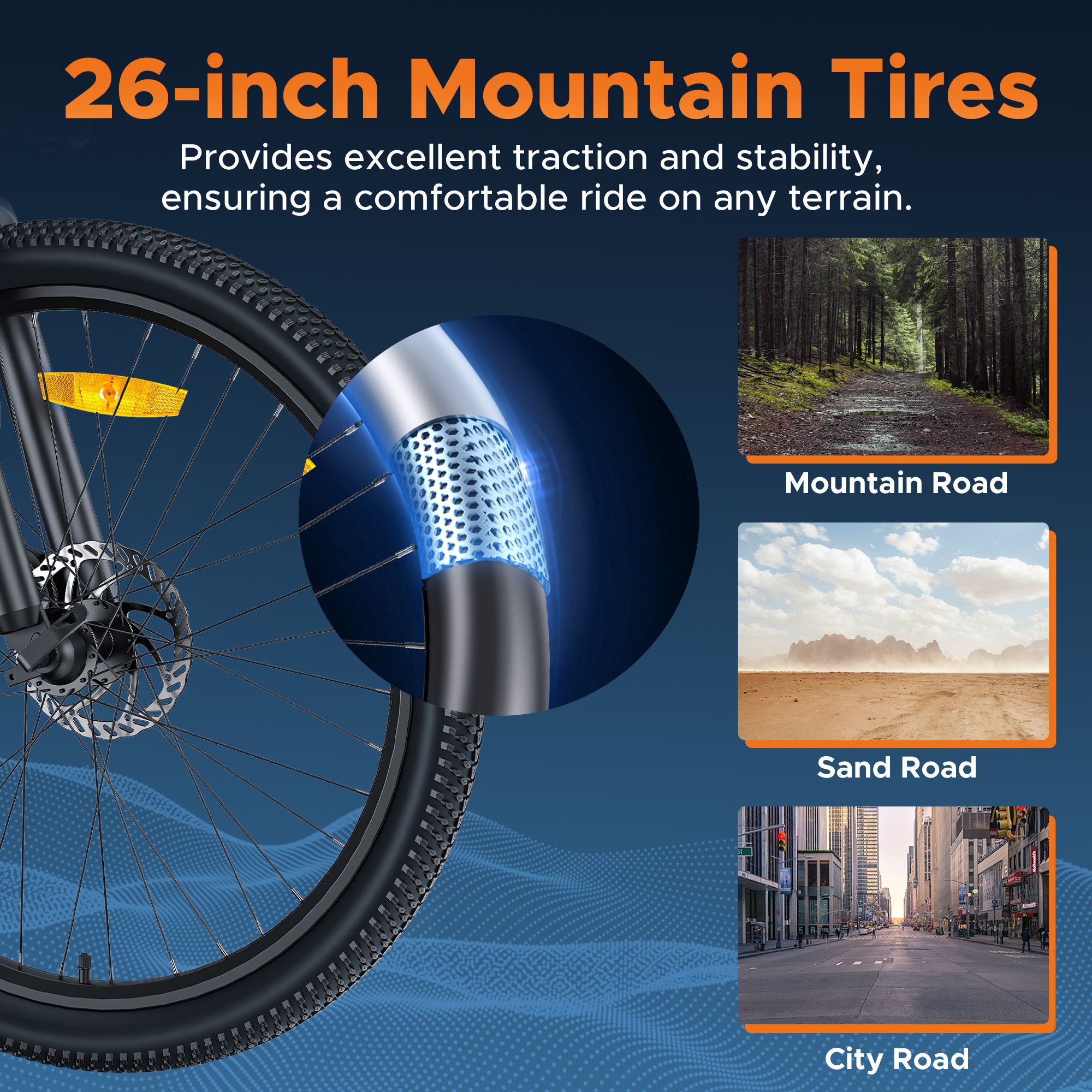 Grafica: Pneumatici mountain bike da 26 pollici. Profilo del pneumatico, primo piano. Immagini di strade forestali, sabbiose e urbane. Elementi blu.