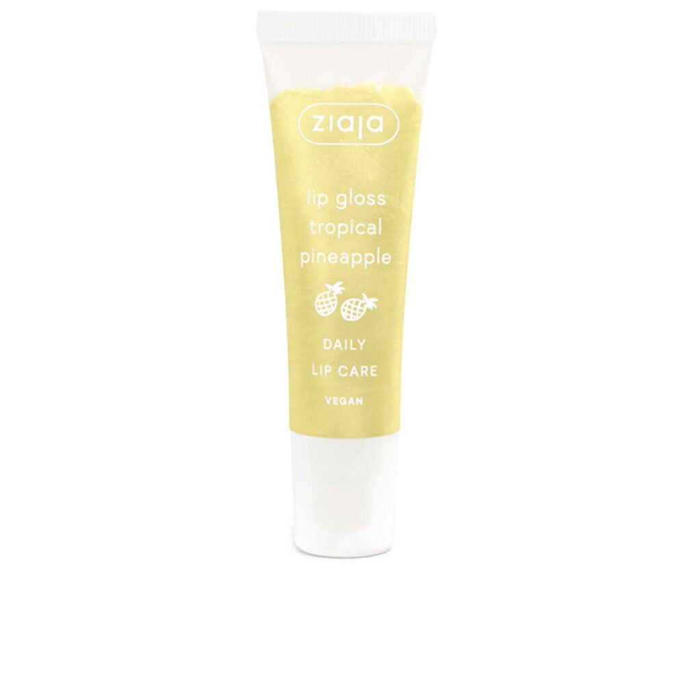 Tubo trasparente con contenuto giallo. Scritta: Ziaja, Lip Gloss Tropical Pineapple, Daily Lip Care, Vegan. Due simboli di ananas.