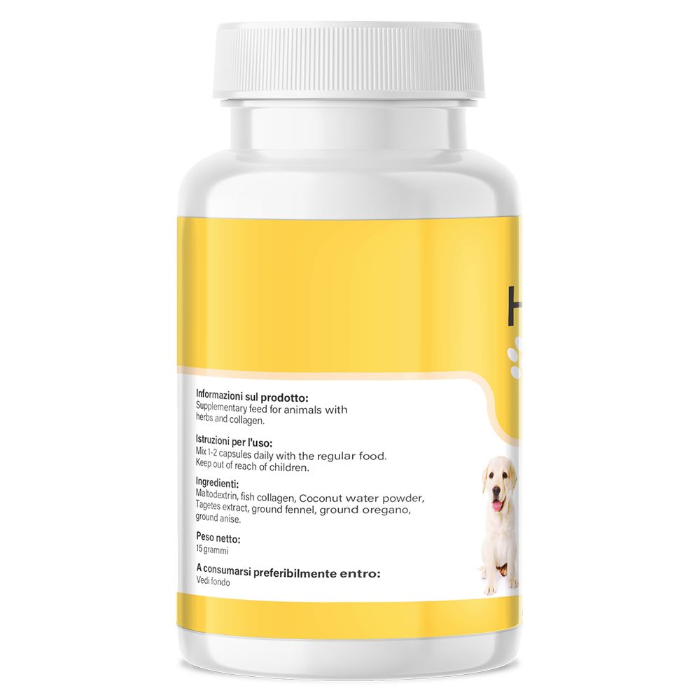 Retro di un flacone di pillole con etichetta gialla. Informazioni sul prodotto: mangime complementare per animali con erbe e collagene. Ingredienti.
