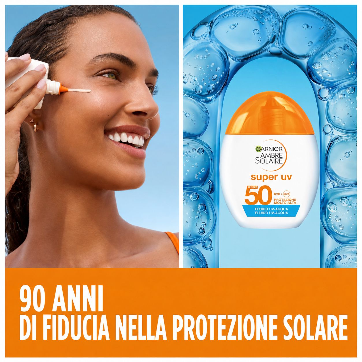 Garnier Ambre Solaire Super UV LSF 50 Gesicht. Donna applica il prodotto. Testo: 90 anni di fiducia nella protezione solare.