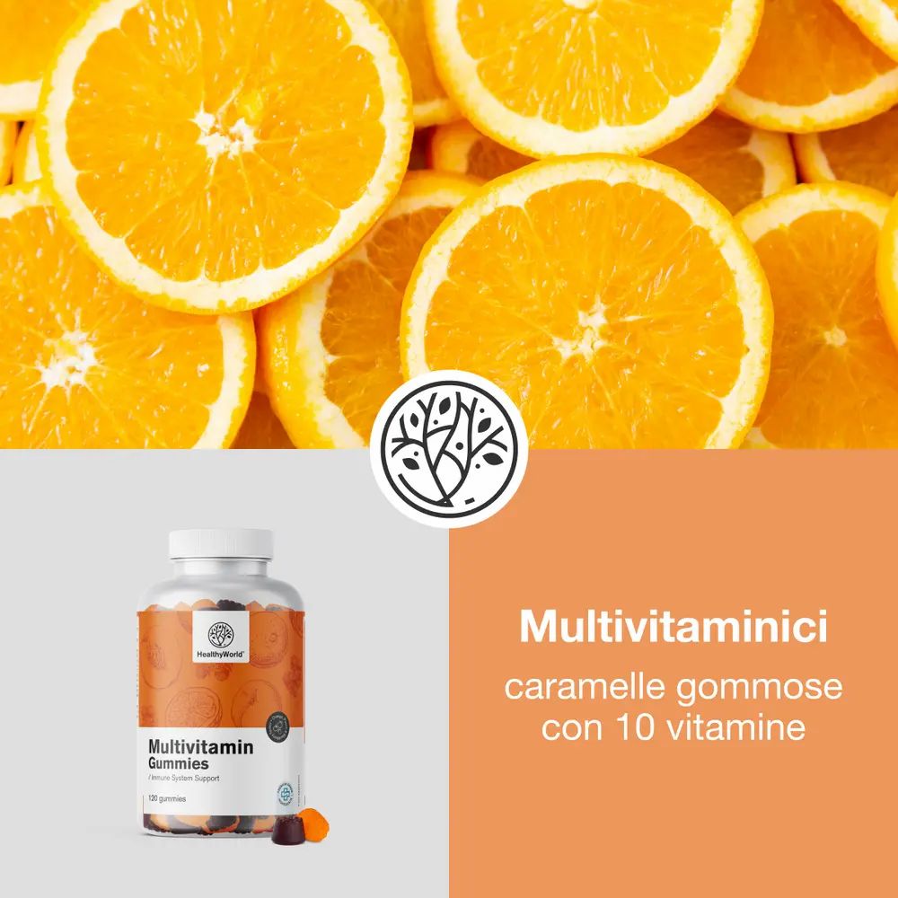 Più flaconi di caramelle gommose multivitaminiche. Sfondo arancione. Testo: Multivitaminici caramelle gommose.