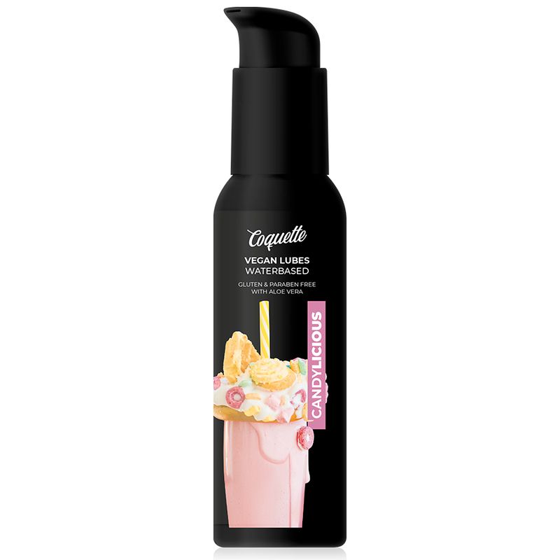 Flacone nero con dosatore. Scritta: Coquette, Vegan Lubes Waterbased, Candilicious. Illustrazione di un milkshake.