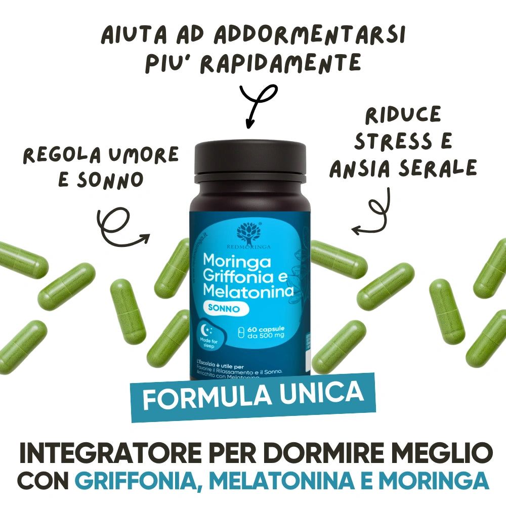 Flacone RedMoringa con capsule. Testo: Aiuta ad addormentarsi più velocemente, regola umore e sonno, riduce lo stress. Formula unica.