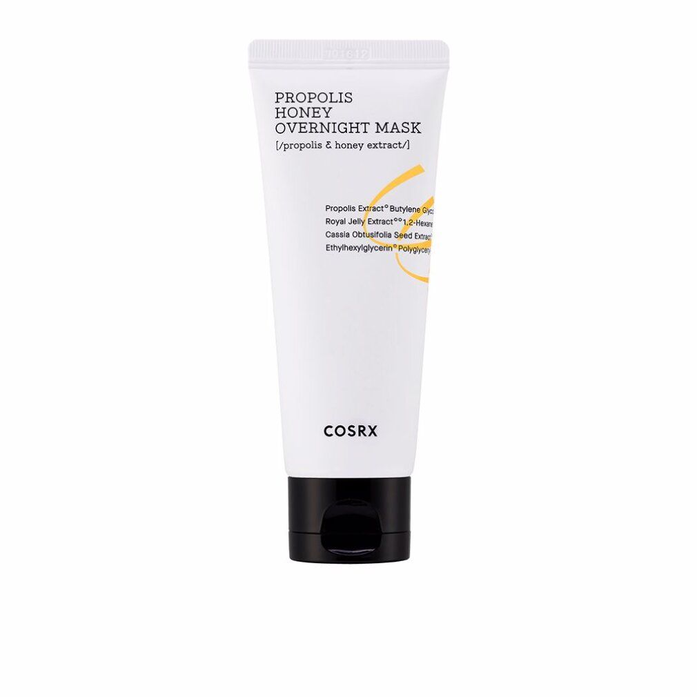 Tubo bianco con tappo nero. Scritta: Propolis Honey Overnight Mask. Marchio: Cosrx. Accenti gialli.