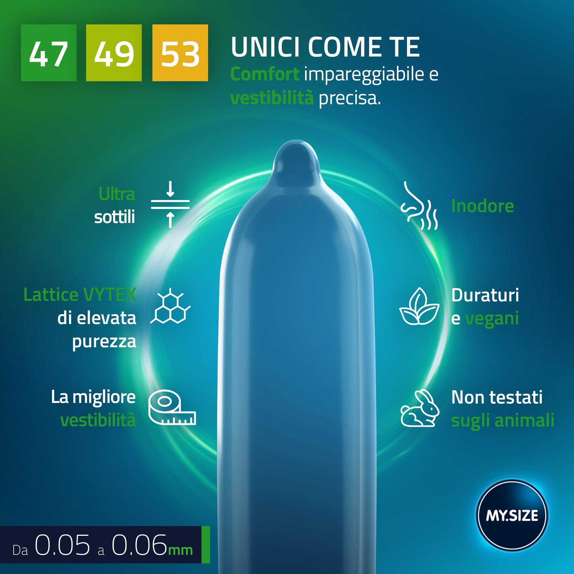 Preservativo blu con icone per pareti sottili, lattice VYTEX, vestibilità, inodore, durevole e vegano, non testato su animali.