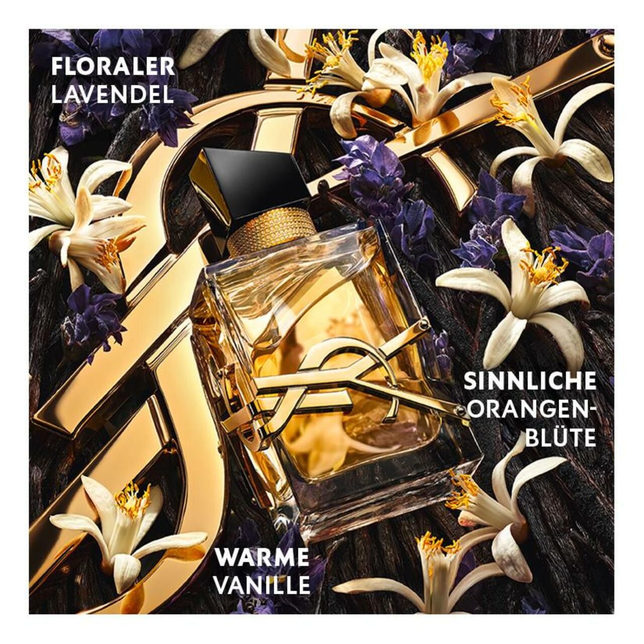 Yves Saint Laurent Libre E.d.P. Vapo, circondato da fiori e logo dorato. Testo: LAVANDA FLOREALE, FIORI D'ARANCIO SENSUALI, VANIGLIA CALDA.