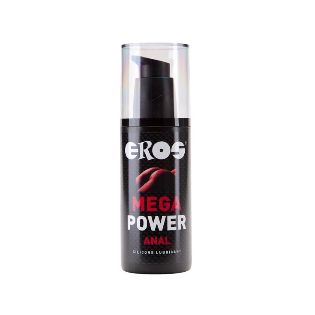 Lubrificante anale Eros Mega Power con dispenser a pompa. Flacone nero con logo argento e scritte rosse.