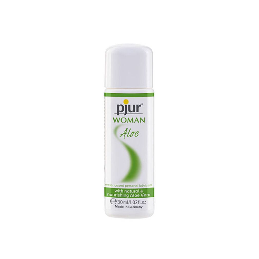 Flacone bianco con tappo bianco. Scritta: pjur WOMAN Aloe. Contiene aloe vera. 30ml/1.02 fl.oz. Prodotto in Germania.
