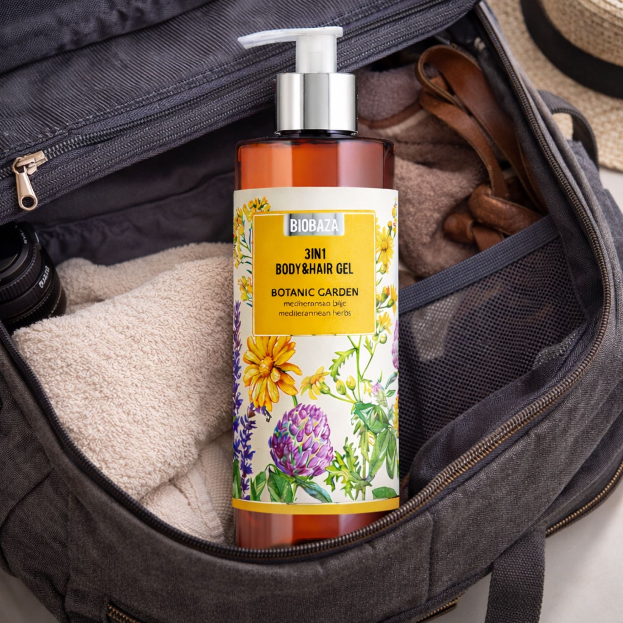 Flacone marrone con etichetta. Scritta: Biobaza 3in1 Body&Hair Gel Botanic Garden. In una borsa da viaggio.
