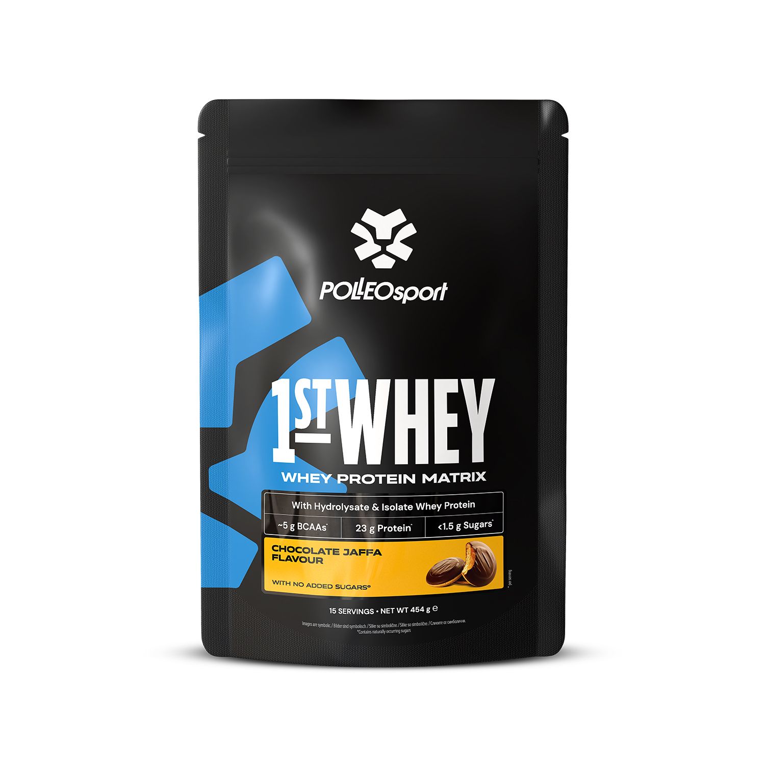 Busta nera con scritta 1ST:WHEY. Contiene 23g di proteine. Immagine di cioccolato. Marchio PolleoSport.
