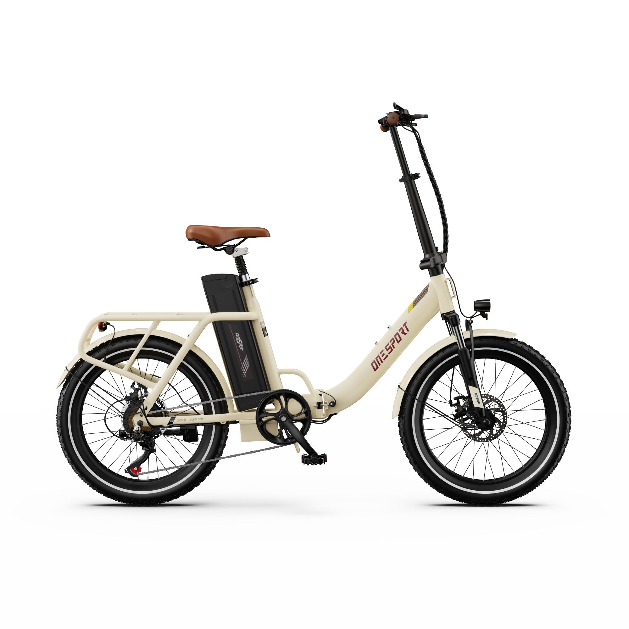 Bicicletta elettrica beige, sella e manubrio marroni. Logo ONESPORT. Pneumatici neri e batteria.