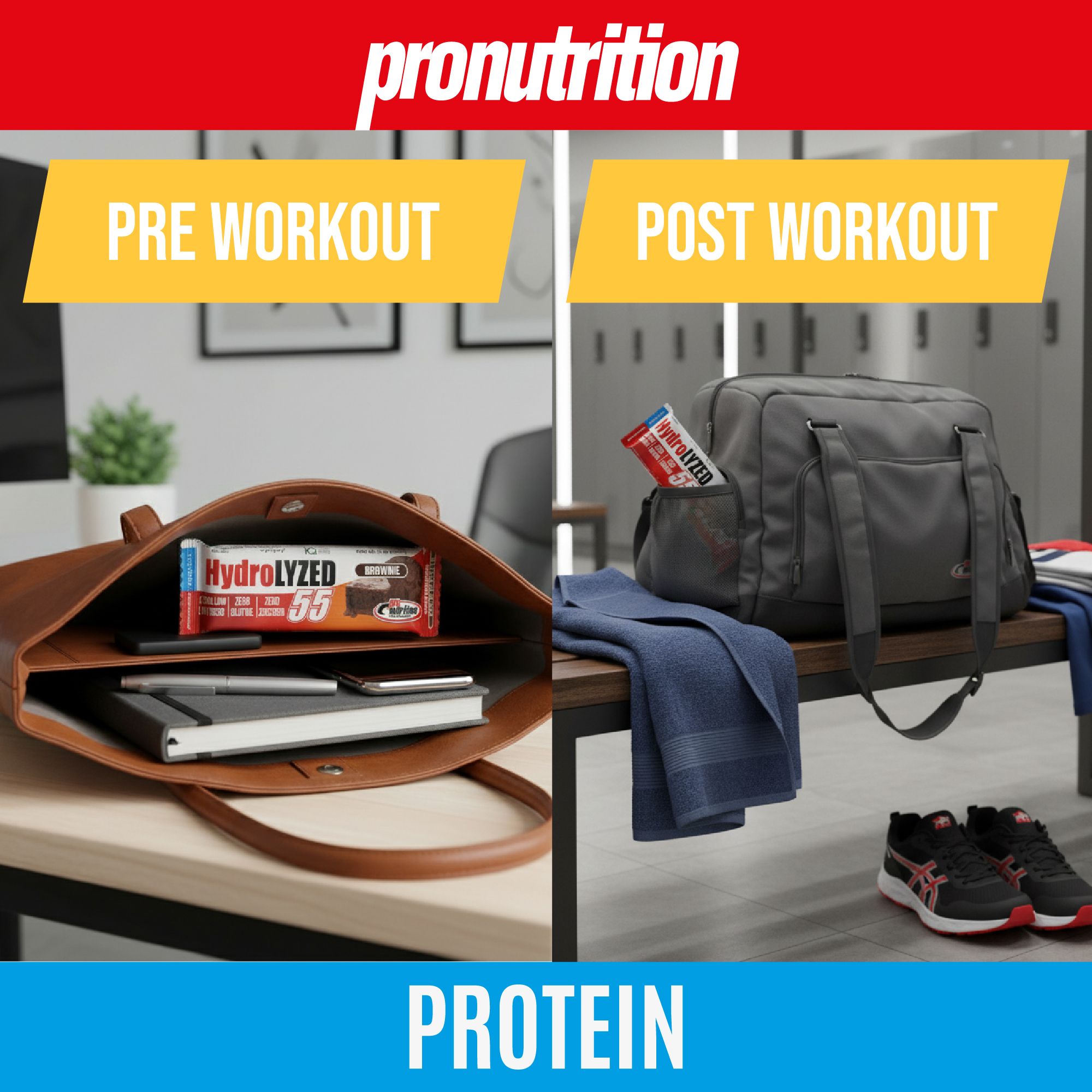 Due scene: prima e dopo l'allenamento. Barretta in borsa. Scritta: Hydrolyzed 55. Marchio: pronutrition. Testo: PROTEIN.