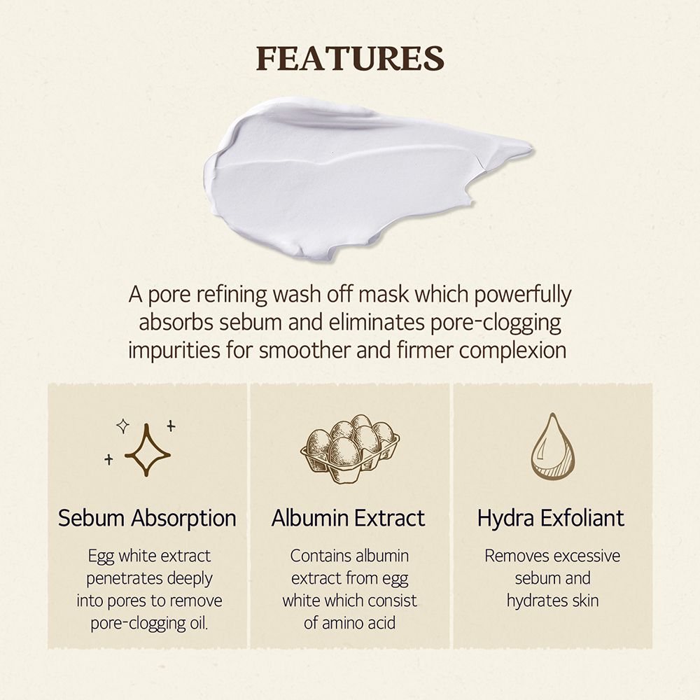 Testo con titolo: FEATURES. Testo e icone sugli ingredienti della maschera.