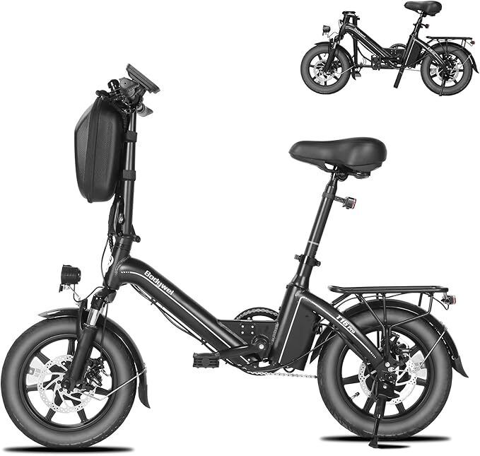 Bicicletta elettrica pieghevole nera. Vista laterale con una piccola immagine in alto a destra.