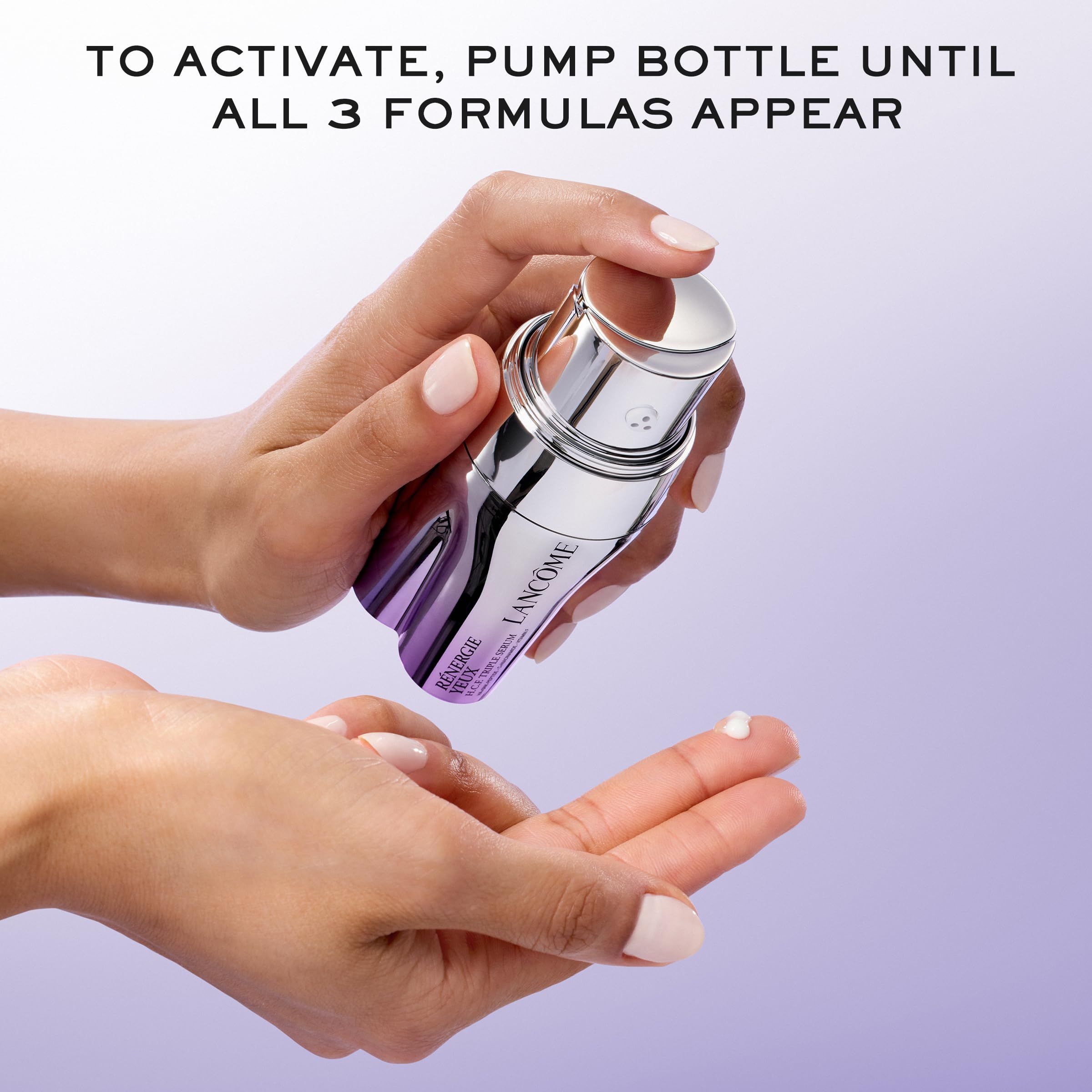 Mani che tengono il flacone del siero. Il prodotto viene pompato sul palmo. Scritta: Rénergie Yeux H.C.F. Triple Serum.