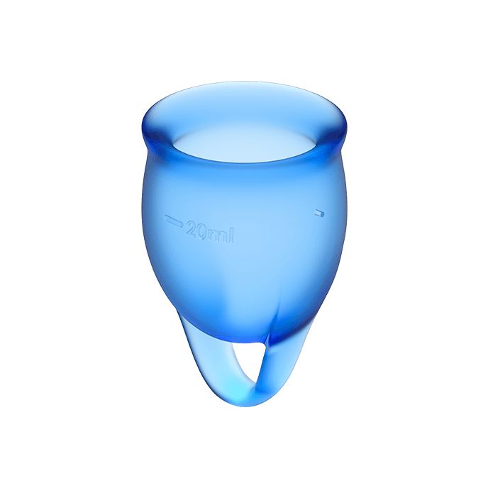 Coppetta mestruale blu con anello. Capacità: 20 ml.