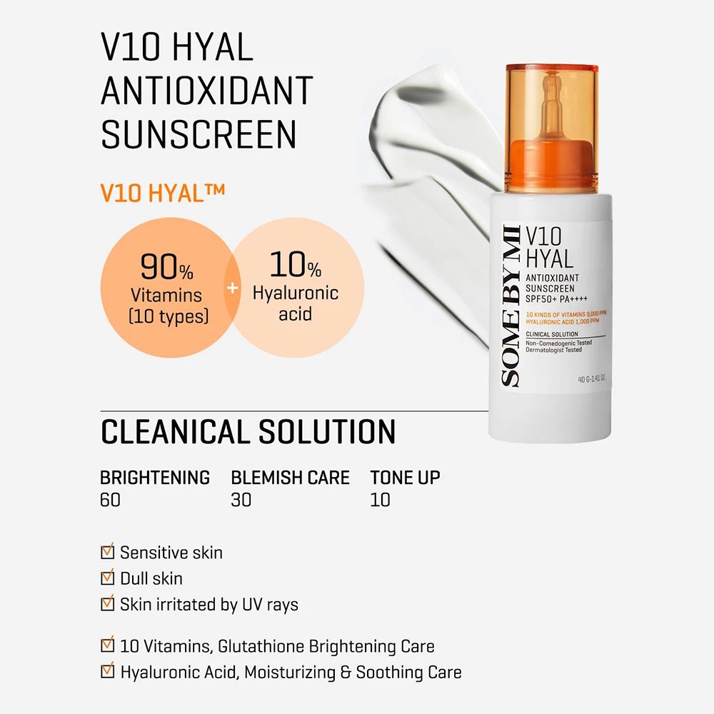 Flacone bianco con tappo arancione. Testo: V10 HYAL Antioxidant Sunscreen. Grafico: 90% vitamine, 10% acido ialuronico. Testo: Clinical Solution.