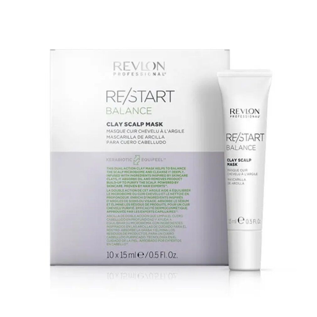 Confezione prodotto con un tubetto. Sulla confezione è scritto "Revlon Professional Re/Start Balance Clay Scalp Mask".