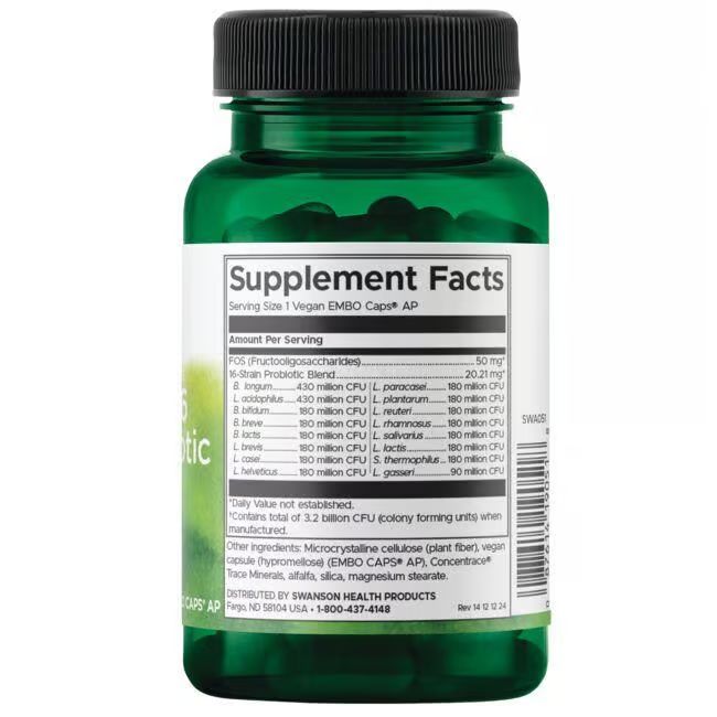 Retro del flacone verde. Scritta: Supplement Facts. Elenco degli ingredienti e valori nutrizionali.