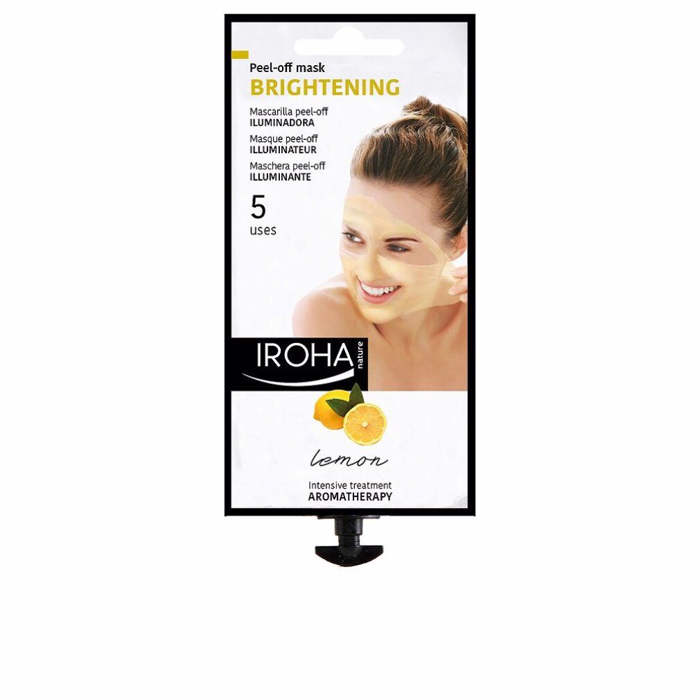 Confezione con donna e maschera. Testo: Peel-off mask, Brightening, 5 utilizzi, IROHA, lemon, Aromaterapia.