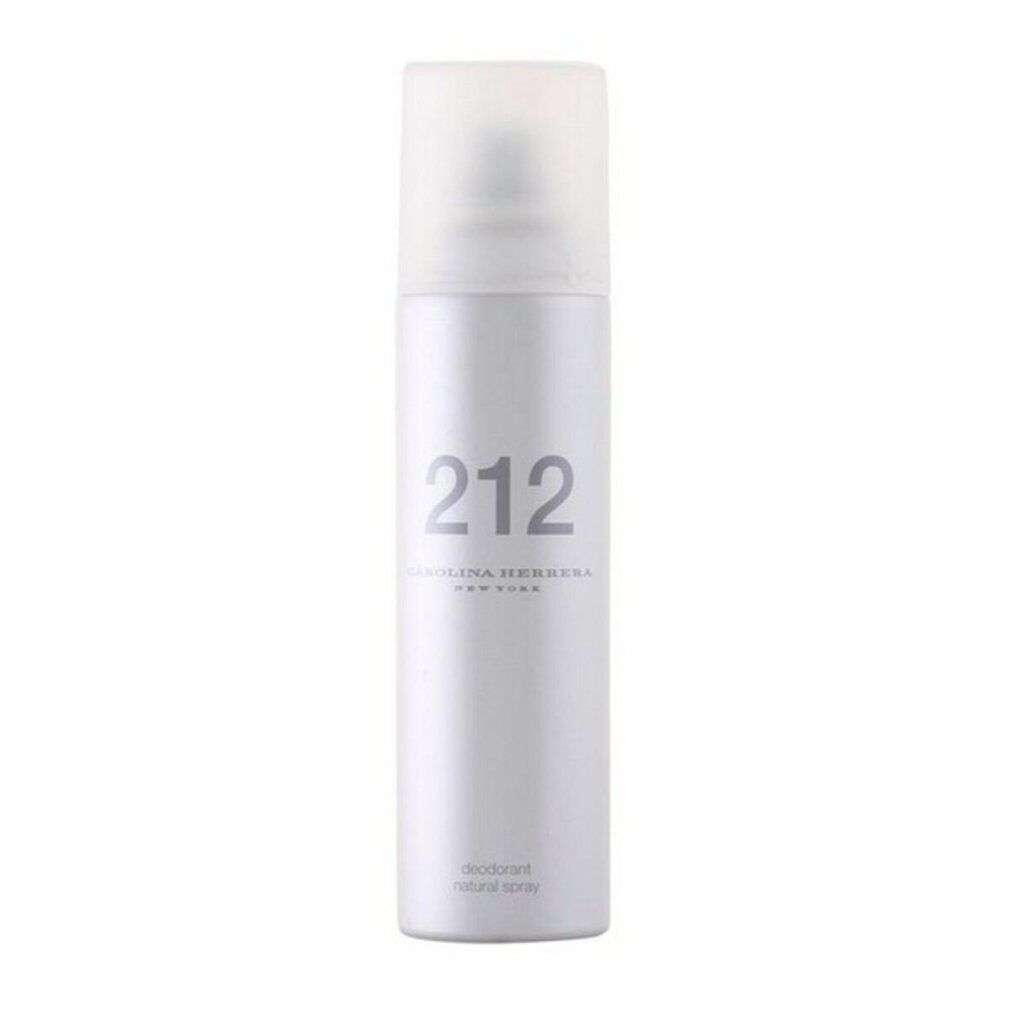 Spray deodorante argentato con tappo bianco. Scritta: 212, Carolina Herrera, Deodorant Natural Spray.