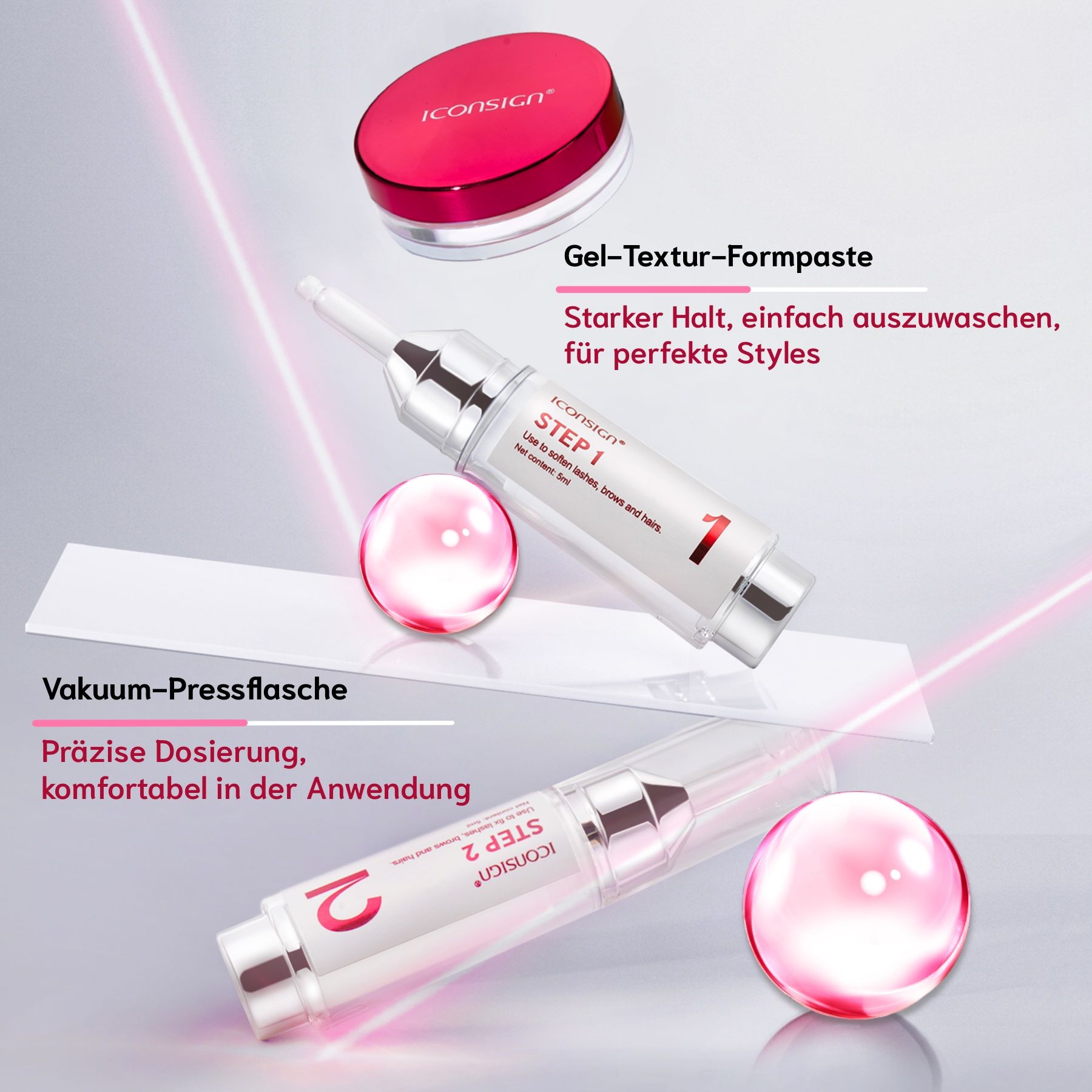 Contenitore e flaconi per laminazione ciglia. Con etichette Step 1 e Step 2. Con testo e logo.