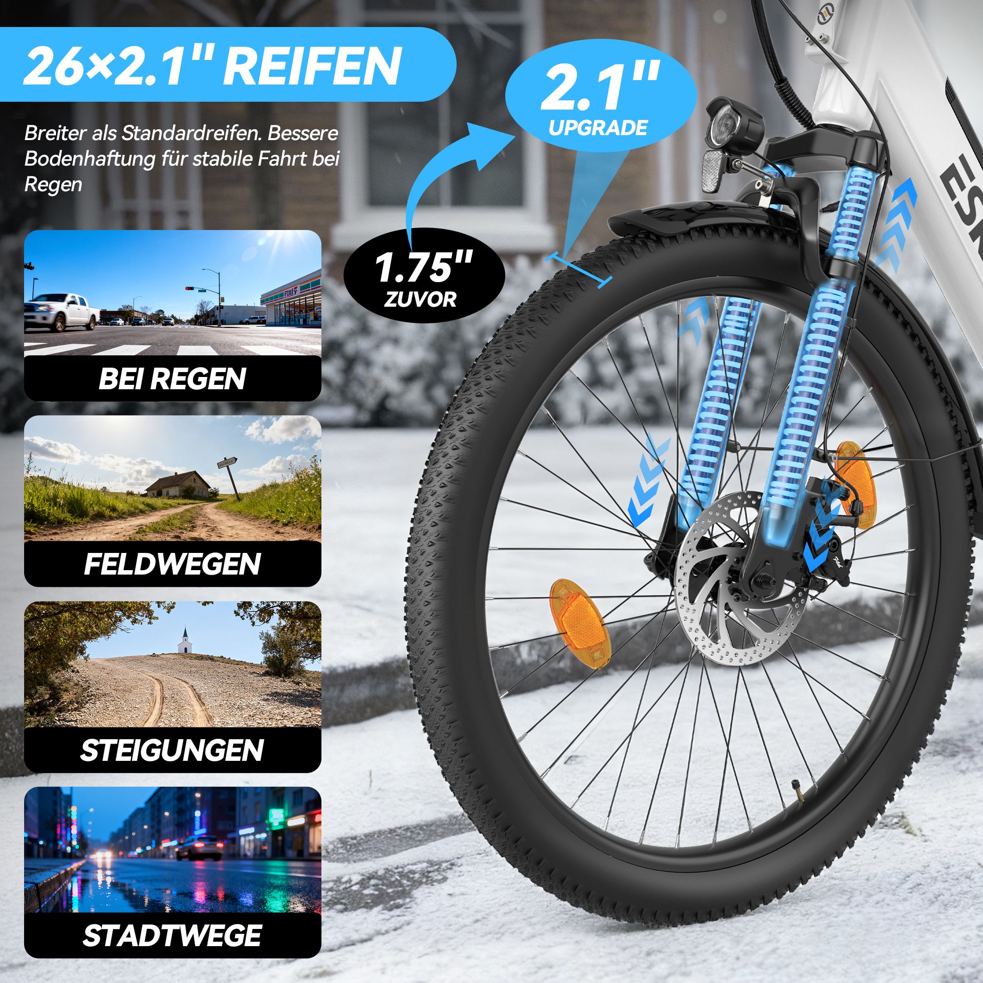 Primo piano della ruota anteriore di una bici elettrica. Testo: Pneumatici 26x2.1". Aggiornamento 2.1". Immagini di strade.