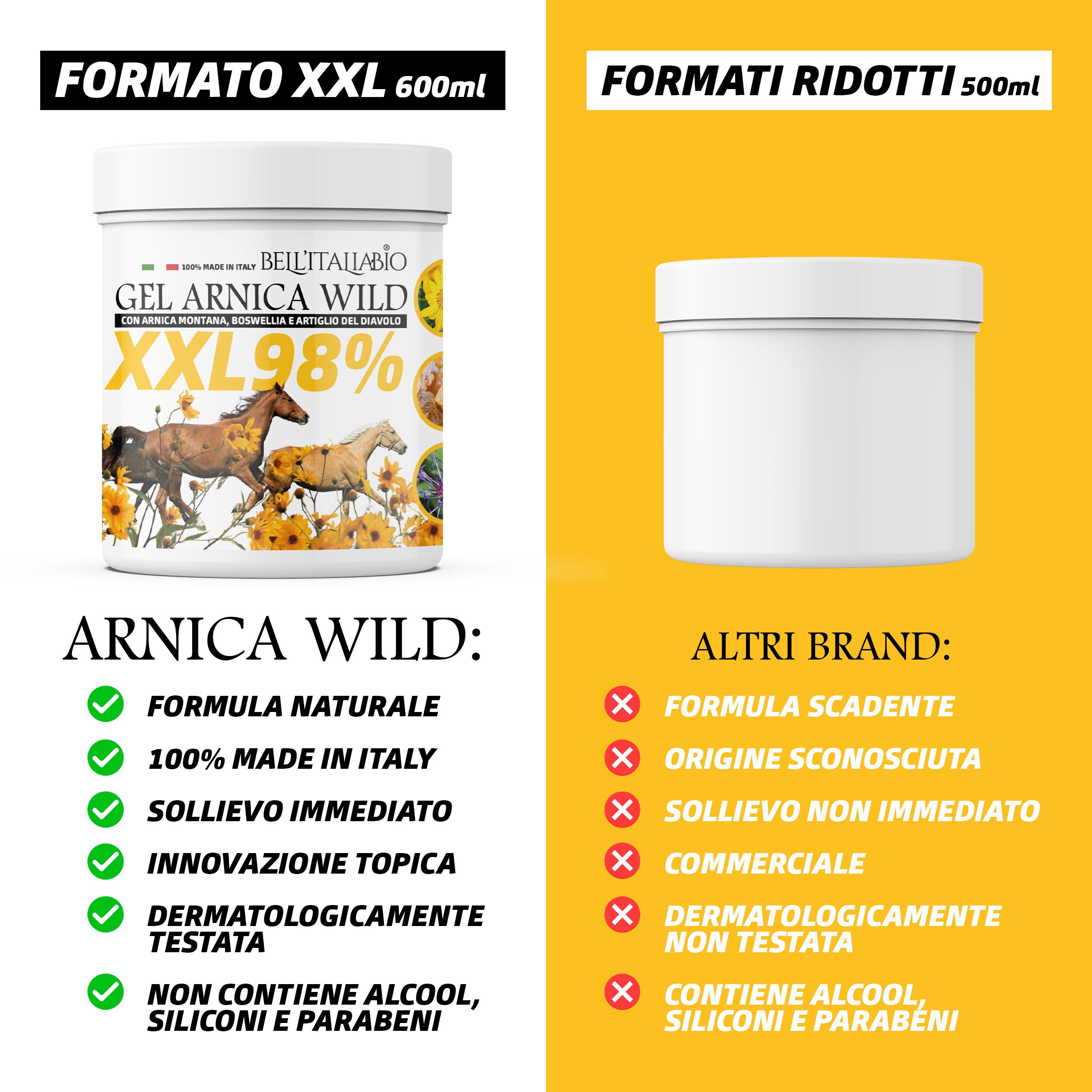 Confronto tra XXL 600ml e formati più piccoli. Barattolo con GEL ARNICA WILD XXL 98%. Vantaggi e svantaggi di altri marchi.