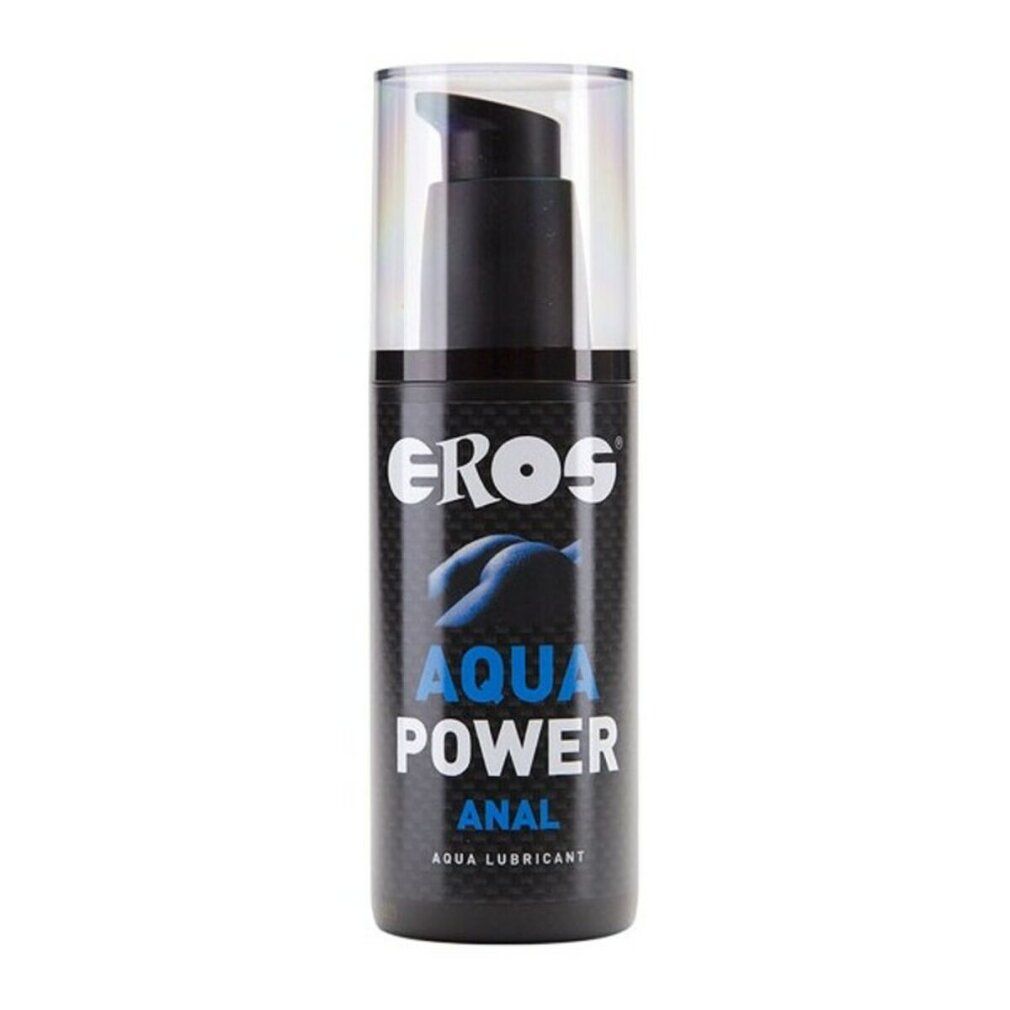 Flacone nero con pompa. Scritta: EROS, AQUA POWER, ANAL. Aqua Lubricant.