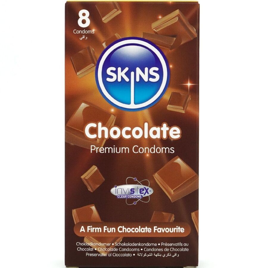 Confezione da 8 preservativi Skins al Cioccolato. Preservativi trasparenti al profumo di cioccolato.