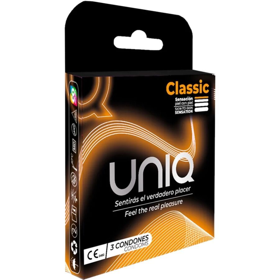 Confezione di preservativi Uniq Classic, 3 pezzi, motivo ondulato.