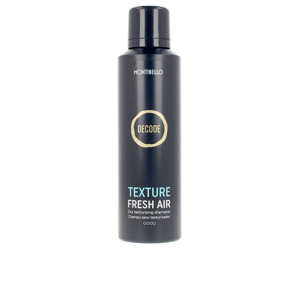 Bomboletta spray blu scuro con scritta 'MONTIBELLO DECODE TEXTURE FRESH AIR'.