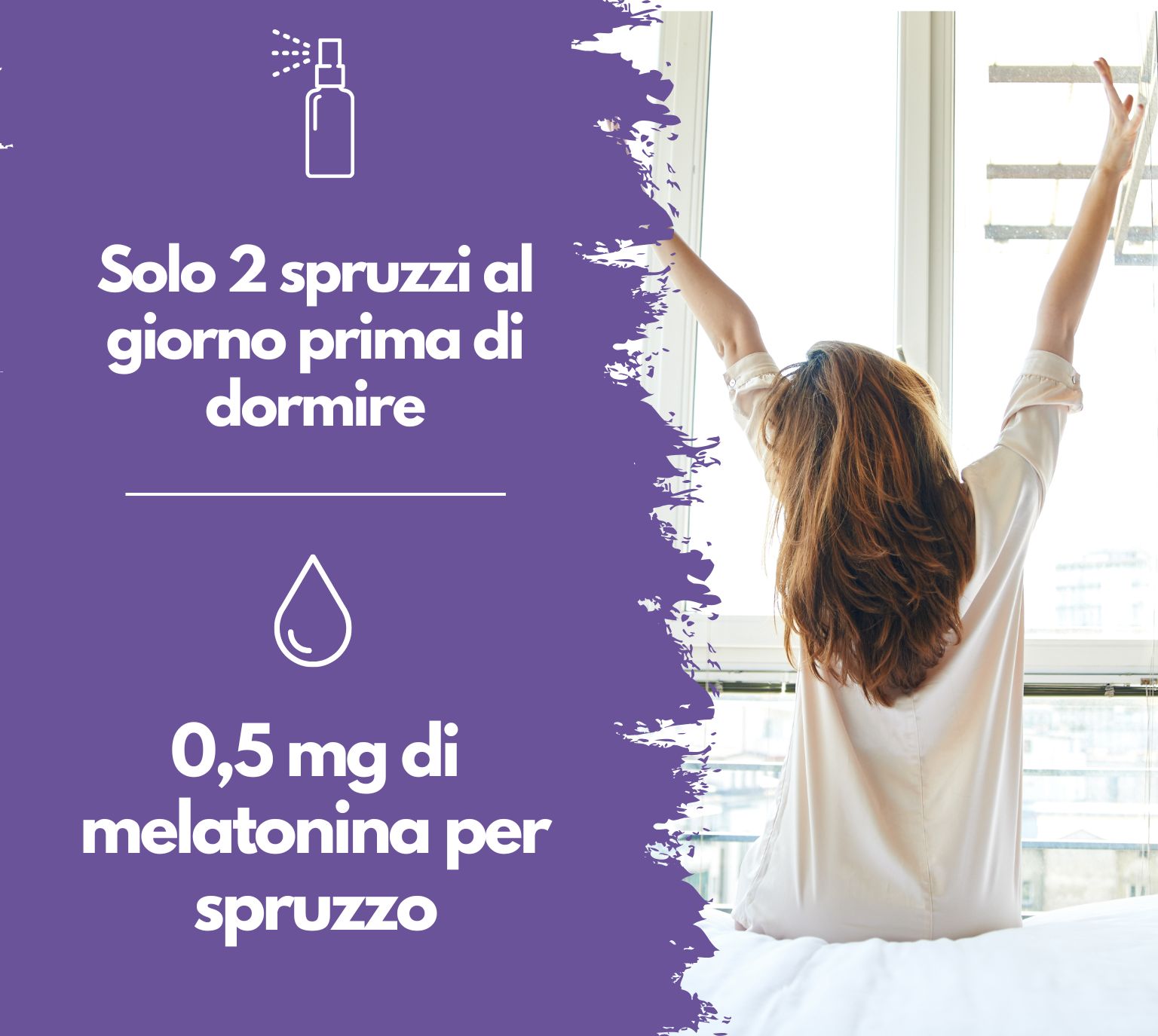 Donna che si stiracchia a letto, flacone spray con melatonina e dosaggio (Italiano).