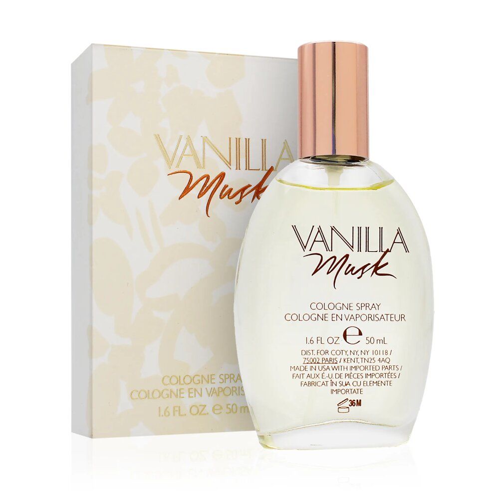 Flacone di profumo e confezione. Visibili "Vanilla Musk" e "Cologne Spray". 50 ml.