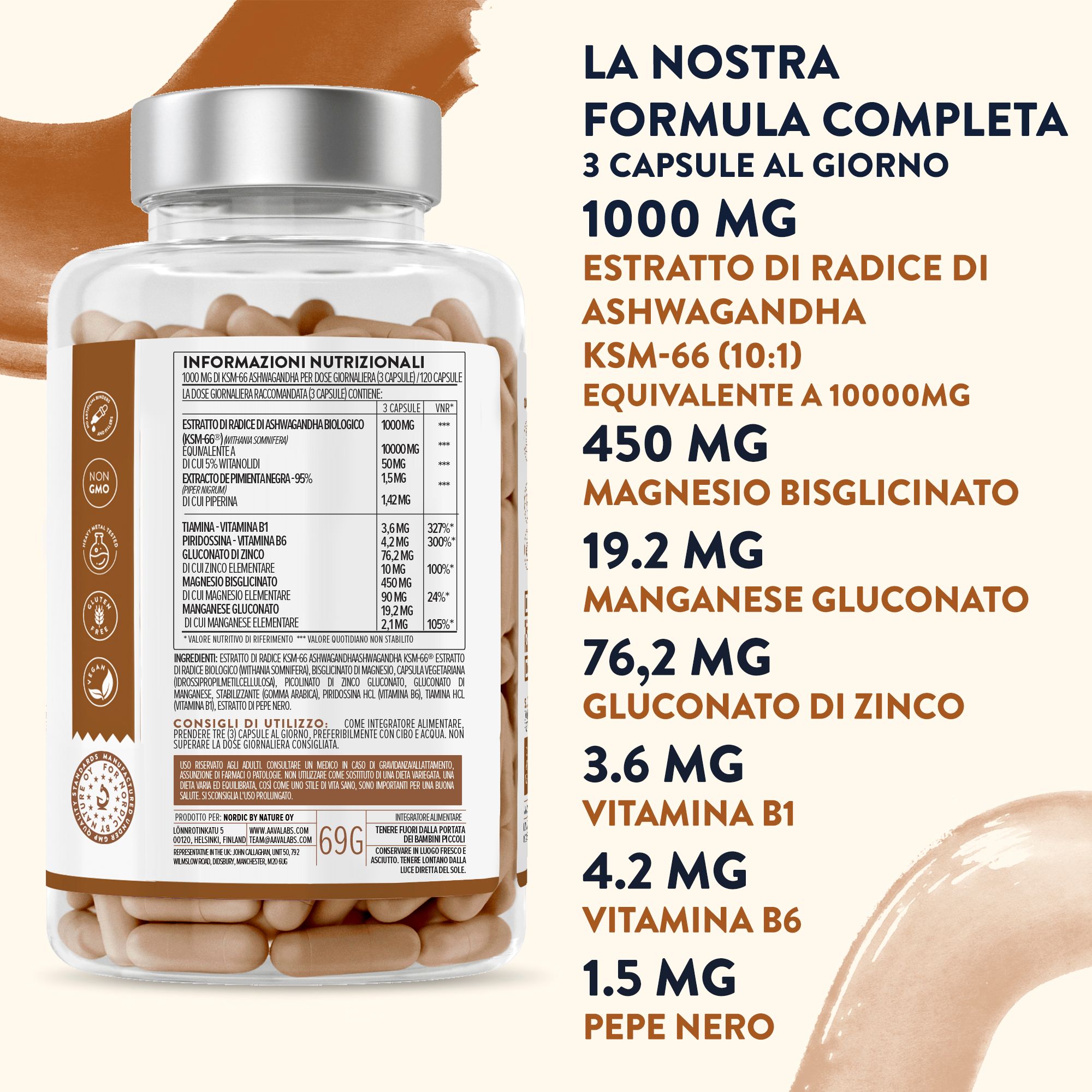 Immagine promozionale con informazioni nutrizionali e capsule. Scritta: Informazioni nutrizionali. Marchio: AAVALABS. 69g.