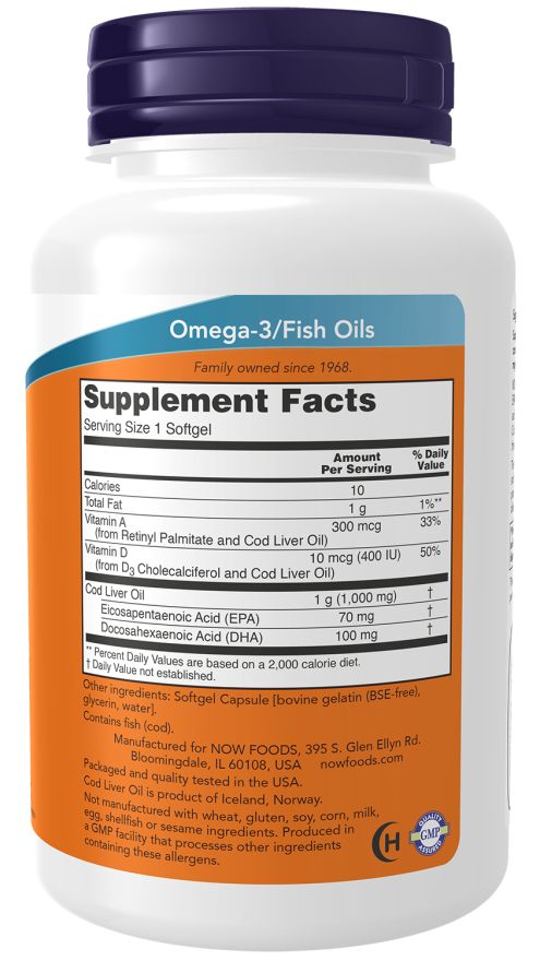 Retro del flacone. Etichetta arancione con informazioni nutrizionali. Contiene olio di fegato di merluzzo, vitamine A e D. Prodotto negli Stati Uniti.