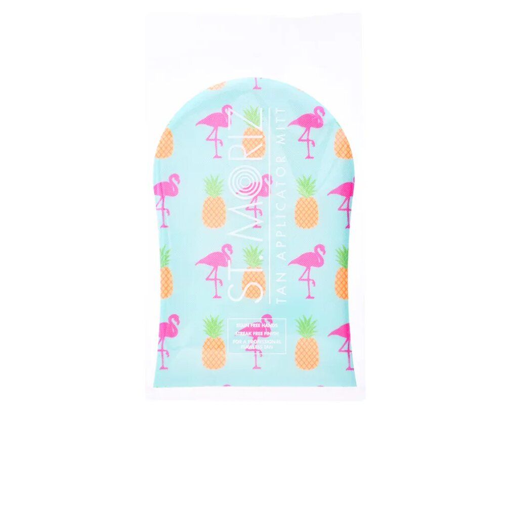 Guanto applicatore in confezione di plastica. Guanto blu con motivo fenicotteri e ananas, logo ST. MORIZ. Per un'abbronzatura senza striature.