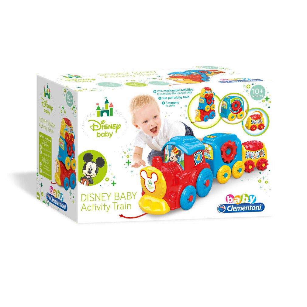 Confezione con trenino giocattolo. Disney Baby Activity Train. Illustrazione di Mickey Mouse. Bambino che gattona. Logo Clementoni.