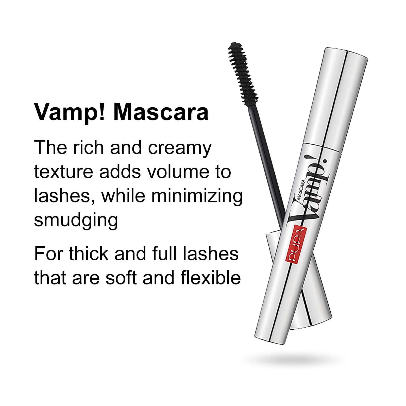 Tubo di mascara con spazzola. Custodia argentata, spazzola nera. Nome prodotto: Vamp! Mascara. Accento rosso con logo del marchio.
