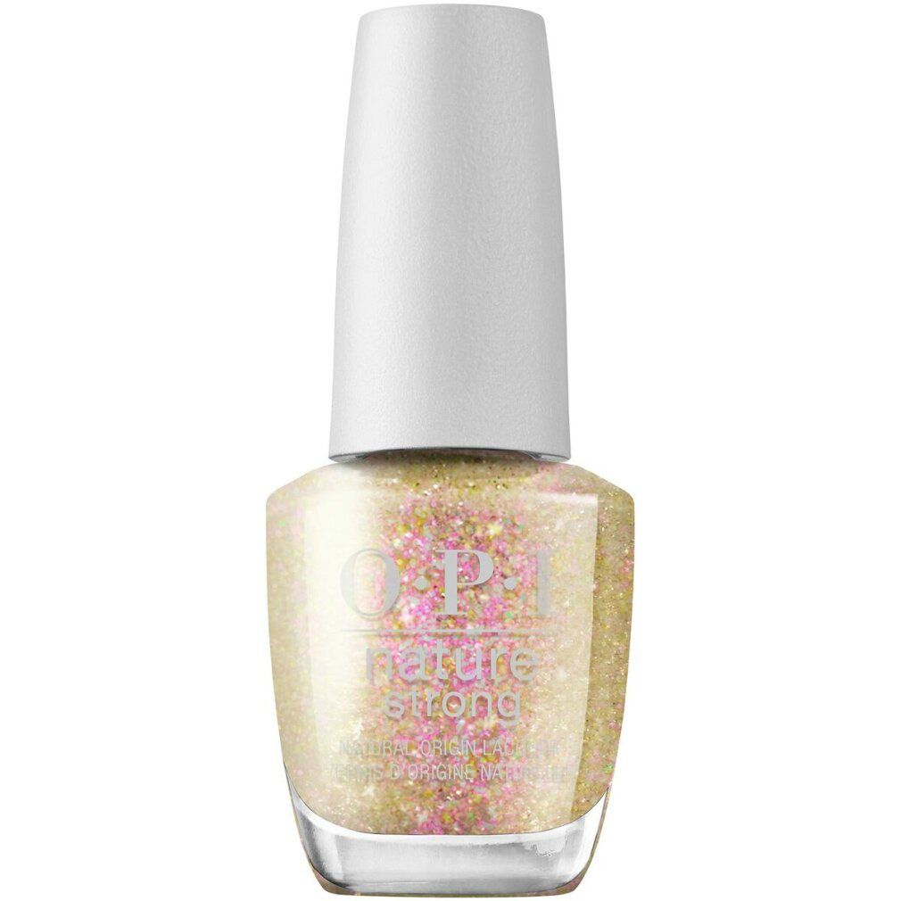 Flacone di smalto con tappo bianco. Scritta: OPI Nature Strong. Contenuto glitterato.