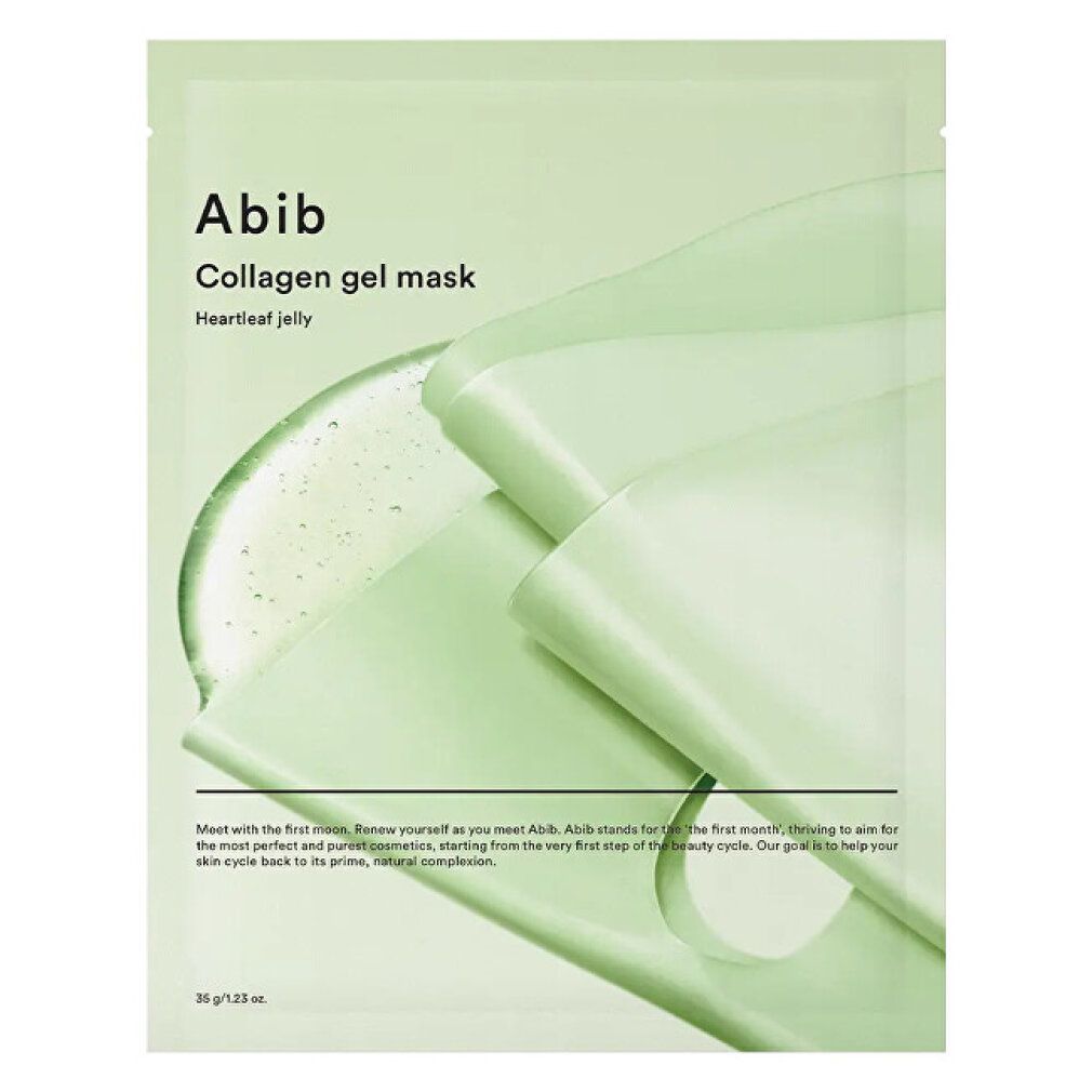 Confezione Abib Collagen Gel Mask Heartleaf Jelly, leggermente aperta, con sovrapposizione di gel.