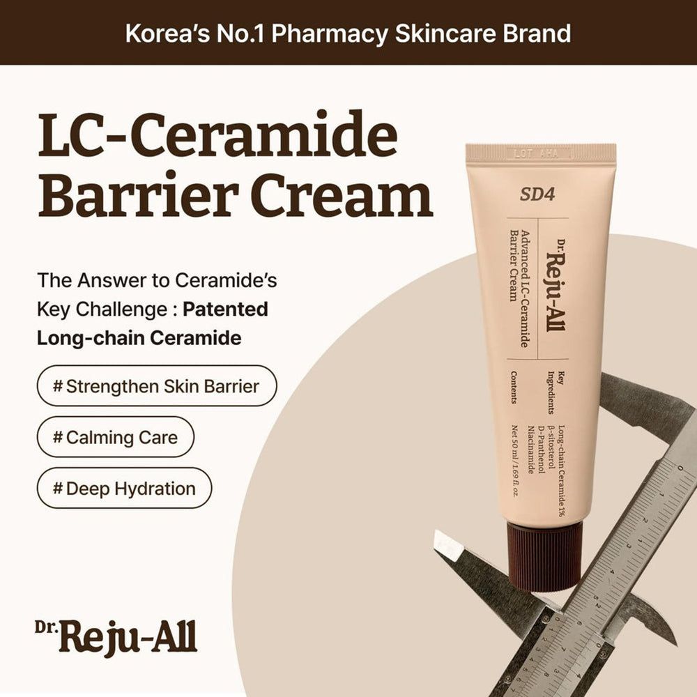 Tubo di crema barriera DR.REJU-ALL Advanced LC-Ceramide con calibro e testo sul rafforzamento della barriera cutanea.