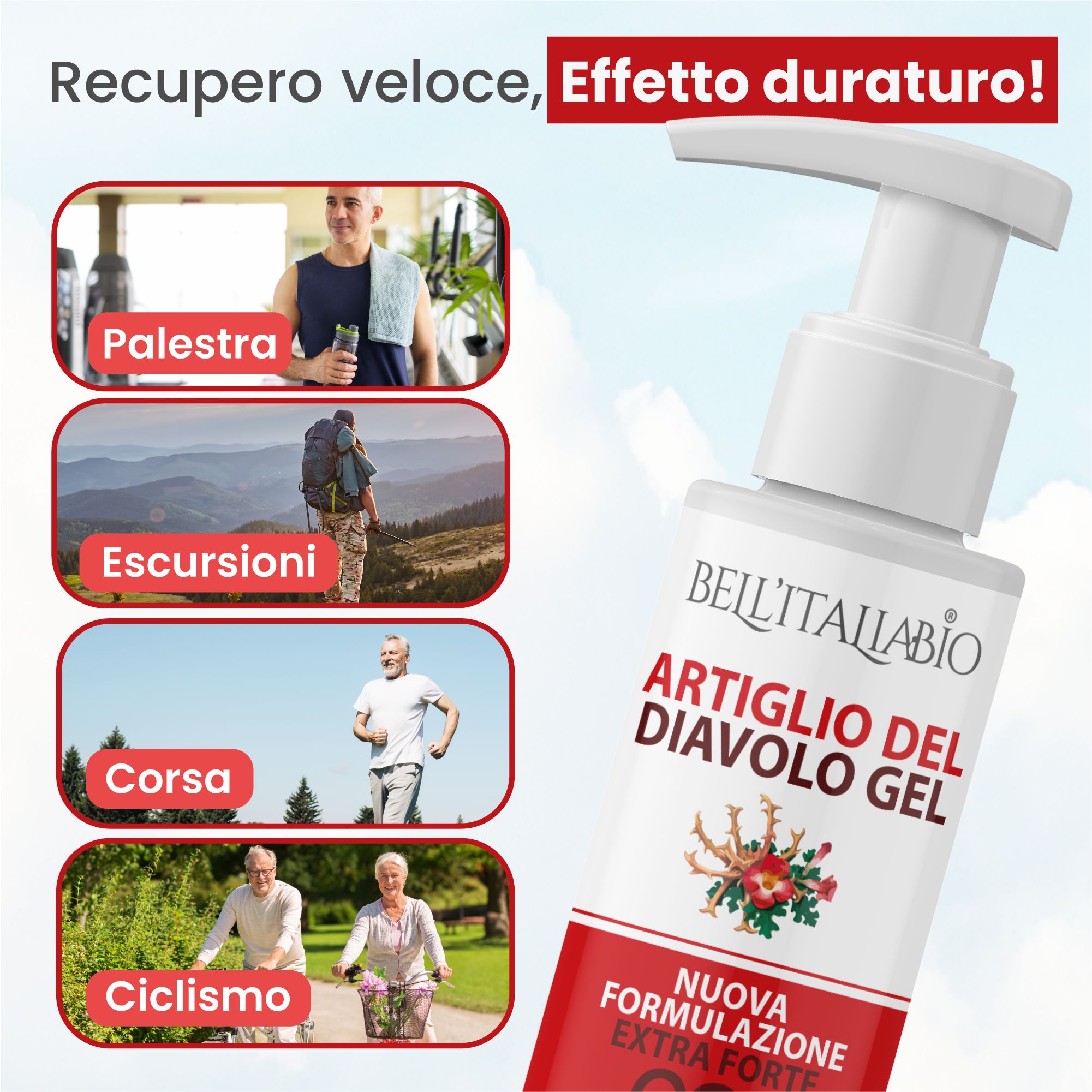 Flacone bianco con etichetta rossa. Testo: BellItaliabio Artiglio del Diavolo Gel. Immagini: Fitness, Escursioni, Corsa, Ciclismo.