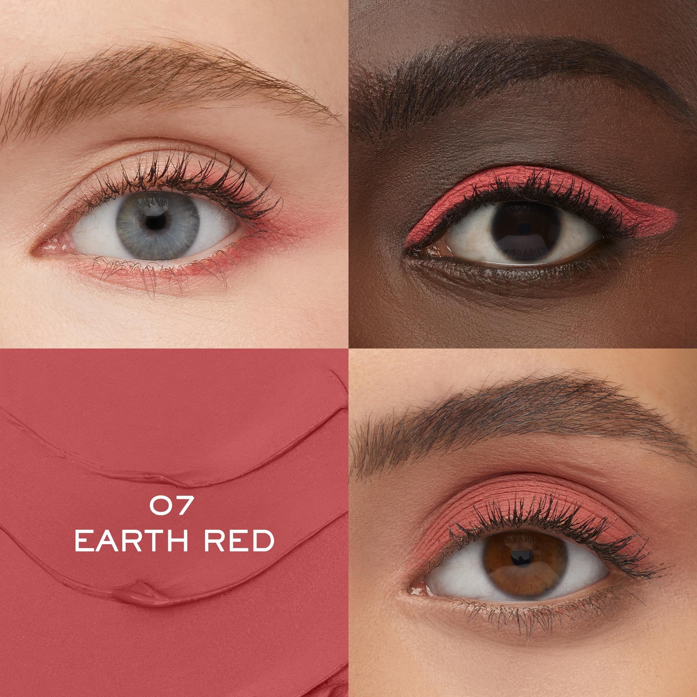 Quattro occhi con ombretto e eyeliner colorati. In basso a sinistra: testo "07 EARTH RED".