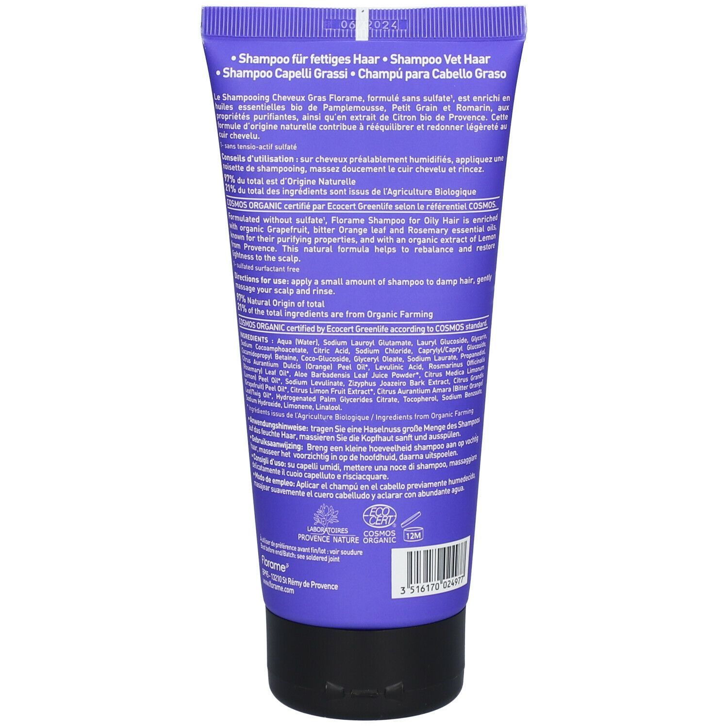 Retro di un tubo viola di shampoo Florame. Testo: "Shampoo Capelli Grassi", ingredienti, certificazioni e istruzioni.